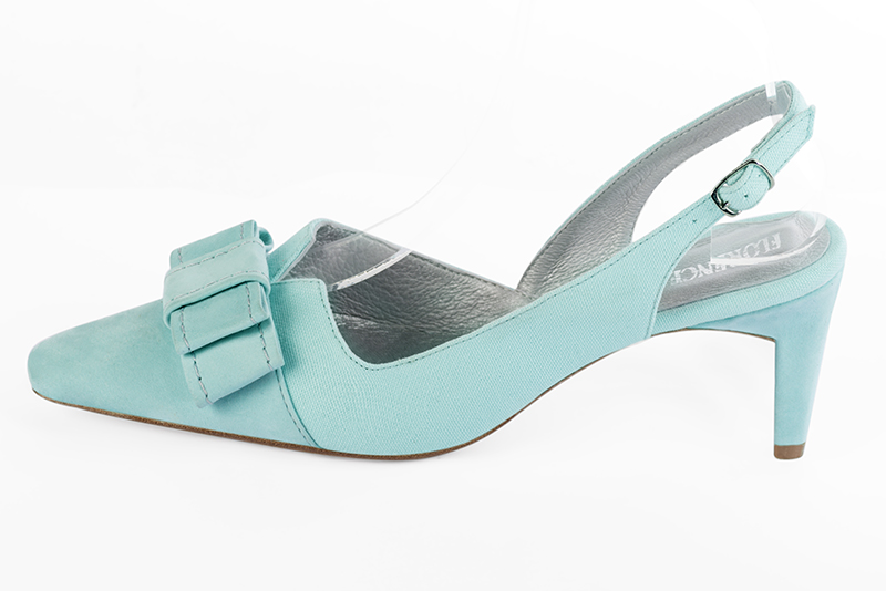 Aquamarine blue women's open back shoes, with a knot. Tapered toe. Medium comma heels. Profile view - Florence KOOIJMAN